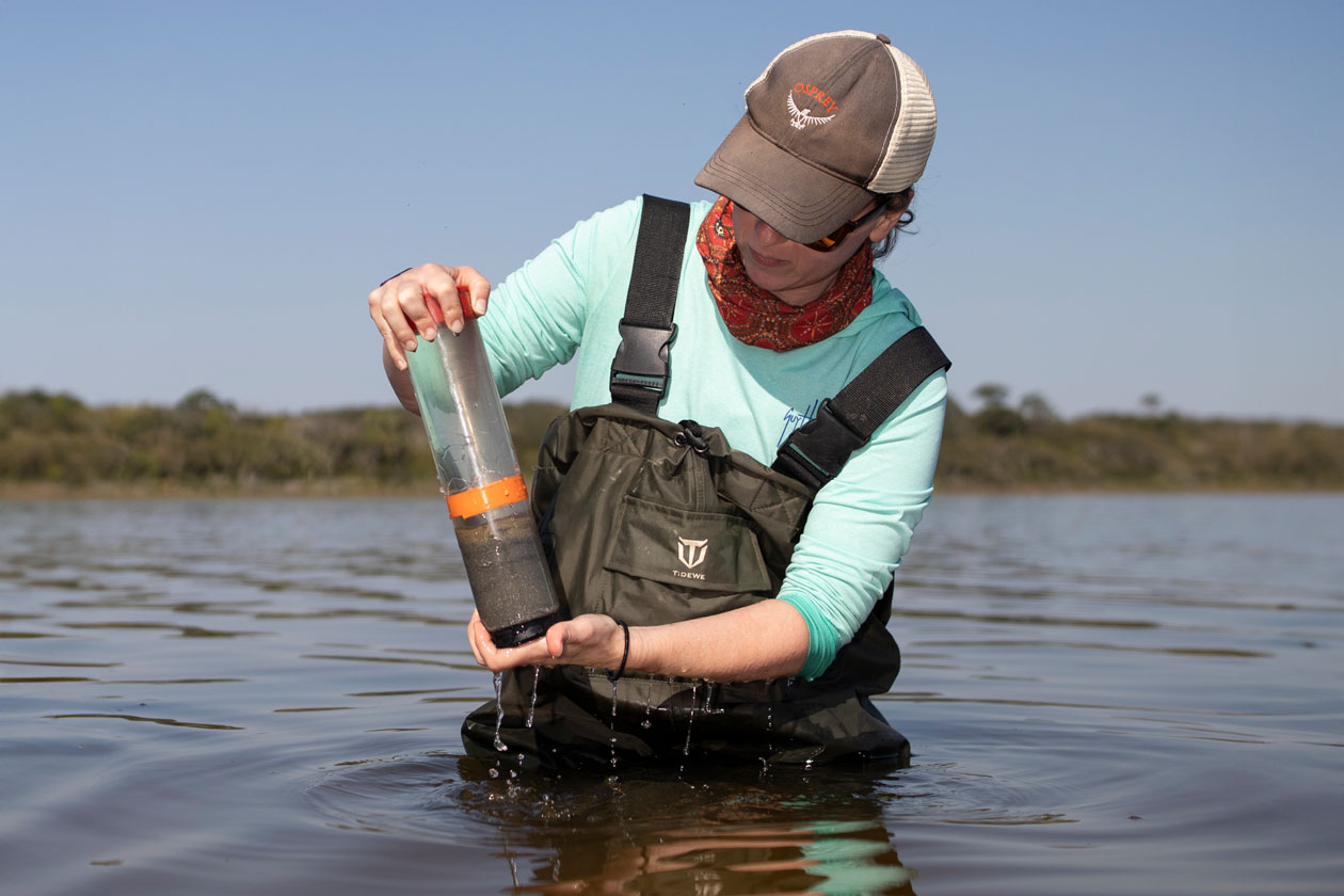 Scientist collecting a soil sample from a lake to study environmental microbiology.